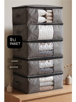 Empressco 5'li Set Büyük Boy 70X50X25CM Pencereli Çekyat&baza Altı,yorgan&yastık Düzenleyici Hurç Antrasit Gri