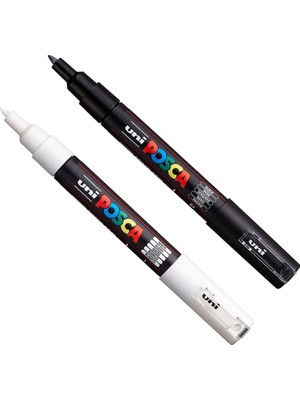 Renas Store Posca Pc-1m Boya Sanatı Markör Kalemleri - Kumaş Cam Metal Kalem - Siyah + Beyaz (Her Birinden 1 Adet)