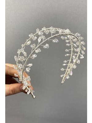 Renas Store Şeffaf Çift Sıralı Vela Kristal Boncuklu Gelin ve Kına Tacı