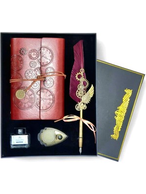 Renas Store Senon Steampunk Tüy Kalem Seti Dişli Tasarımlı Doldurulabilir Divitli Deri Defter Mürekkep Şişesi ve Tüylü Divit Seti Özel Tasarım Hediyelik (Koyu Kahve)