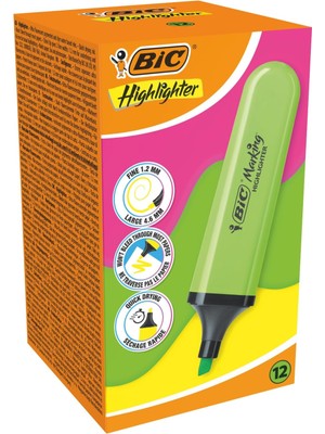Renas Store Bıc Marking Flat Higlighter Fosforlu Kalem 12'li Kutu, Yeşil Fosforlu Kalem, Su Bazlı, Hızlı Kuruyan Mürekkep