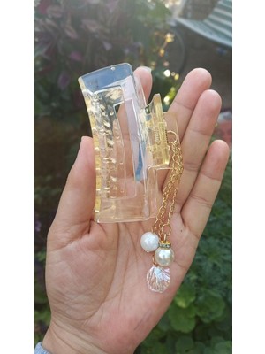 Renas Store Hb Tasarım Şeffaf Incili Dikdörtgen Model Sarı Renk Mandal Toka (8,5 Cm)
