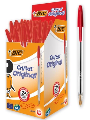 Renas Store Bıc Cristal Medium Tükenmez Kalem Kırmızı 50'li Kutu, 1.0 mm Orta Kalınlıkta Uç, Şeffaf Gövde, Delikli Kapak