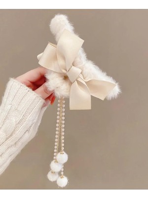 Renas Store Peluş Mandal Toka Fiyonklu Ucu Ponponlu,boncuklu ve Zincir Sallantılı Toka 11,5X5CM,SALLANTISI 13CM