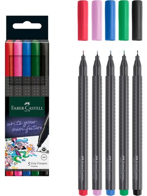 Renas Store Faber-Castell Grip Finepen Ince Keçe Uçlu Kalem Seti, 5’li, Klasik Renkler, 0.4 Mm, Metal Destekli, Ergonomik Üçgen Gövde