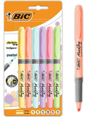 Renas Store Bıc Intensity Highlighter Grip Pastel Marker Fosforlu Kalem 6'lı Blister, Su Bazlı Mürekkep, 6 Pastel Renk, Kauçuk Tutaçlı