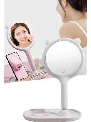 Renas Store Buffer® Kedi Kulaklı Telefon Standlı Yuvarlak Dokunmatik LED Ayarlı Masa Üstü Makyaj Aynası