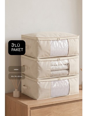 Empressco 3'lü Set Büyük Boy 70X50X25CM Pencereli Çekyat&baza Altı,yorgan&yastık Düzenleyici Hurç Krem