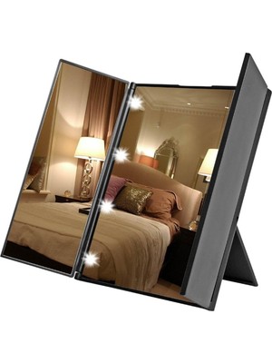 Renas Store LED Işıklı Katlanabilir Makyaj Aynası Masaüstü Taşınabilir Seyahat Mike Up Üç Taraflı Ayna Siyah 12 x 14
