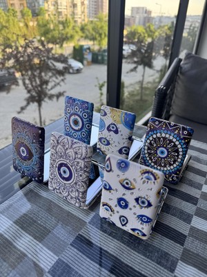 Renas Store 12 Adet Kapaklı Mini Makyaj Aynası, Karışık Desenli Taşlı Nazar Boncuğu, Plastik, 8X6CM, Taşınabilir, Kına Hediyelik 12 Adet Kapaklı Mini Makyaj Aynası