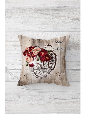 Renas Store Pelangi Ahşap Zeminde Bisiklet Güllü Çift Taraflı Gizli Fermuarlı Yastık Kılıfı Kırlent Koltuk Yastık Kılıfı, Bej-Kırmızı 45 x 45, 2469100645451