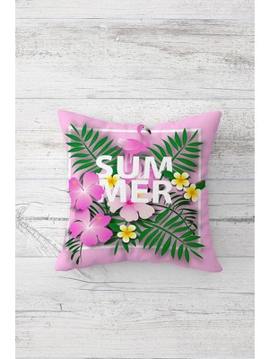 Renas Store Pelangi Summer Yazılı Flamingo ve Çiçek Detaylı Dijital Baskılı Kırlent Kılıfı Yastık Kılıfı, Pembe-Yeşil 45 x 45, 24691164245451