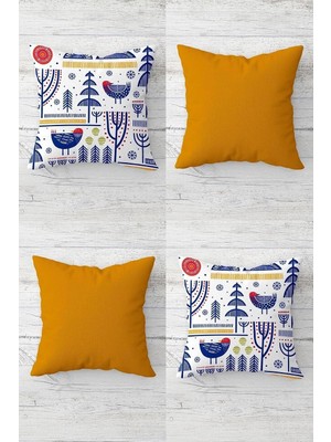 Renas Store Pelangi Iskandinav Desen Modern Kuşlu Gizli Fermuarlı Kırlent Kılıfı Koltuk Yastık Kılıfı TAKIM(4ADET), Mavi-Beyaz-Hardal 45 x 45
