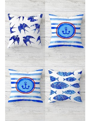 Renas Store Pelangi Kuş Balık Deniz Çapalı Gizli Fermuarlı Kırlent Kılıfı Koltuk Yastık Kılıfı TAKIM(4ADET), Mavi-Beyaz 45 x 45