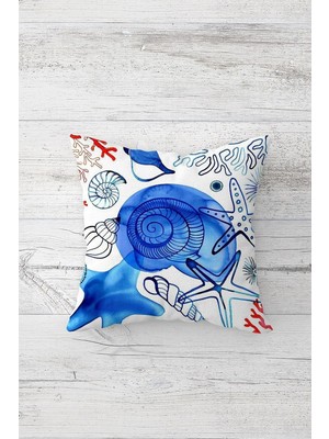 Renas Store Pelangi Mavi Deniz Kabukları Çift Tarafı Baskılı Gizli Fermuarlı Yastık Kılıfı Kırlent Koltuk Yastık Kılıfı, Beyaz-Mavi 45 x 45, 24691137345451