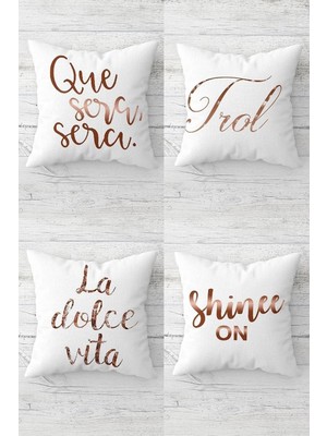 Renas Store Pelangi La Dolce Vita Shine On Yazılı Gizli Fermuarlı Kırlent Kılıfı Koltuk Yastık Kılıfı TAKIM(4ADET), Beyaz-Rose Gold 45 x 45