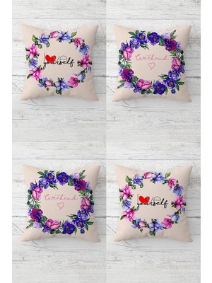 Renas Store Pelangi Love Yourself ve Weekend Yazılı Gizli Fermuarlı Kırlent Kılıfı Koltuk Yastık Kılıfı TAKIM(4ADET), Bej-Mor 45 x 45