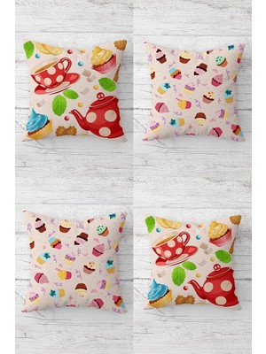 Renas Store Pelangi Fincan Cupcake Desenli Gizli Fermuarlı Kırlent Kılıfı Koltuk Yastık Kılıfı TAKIM(4ADET), Açık Pembe 45 x 45