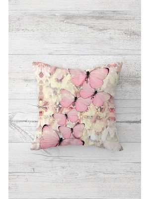 Renas Store Pelangi Pembe Uçuşan Kelebekli Parlak Efektli Çift Taraflı Gizli Fermuarlı Kırlent Koltuk Yastık Kılıfı, Beyaz-Toz Pembe 45 x 45, 24691219445451
