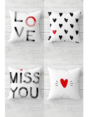 Renas Store Pelangi Miss You Love Sevgili Temalı Gizli Fermuarlı Kırlent Kılıfı Koltuk Yastık Kılıfı TAKIM(4ADET), Gri-Kırmızı-Beyaz 43 x 43