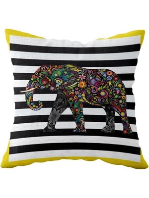 Renas Store Pelangi Sarı Etnik Fil Desenli Çift Taraflı Gizli Fermuarlı Yastık Kılıfı Kırlent Koltuk Yastık Kılıfı, Siyah-Beyaz-Sarı 43 x 43
