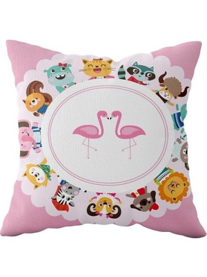 Renas Store Pelangi Pembe Kedi Filamingo Çift Taraflı Gizli Fermuarlı Yastık Kılıfı Kırlent Koltuk Yastık Kılıfı, Pembe-Beyaz 43 x 43