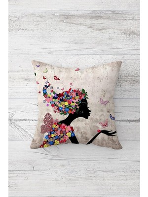 Renas Store Pelangi Çiçekli Peri Kızı Çift Tarafı Baskılı Gizli Fermuarlı Yastık Kılıfı Kırlent Koltuk Yastık Kılıfı, Bej 45 x 45, 2469103545451