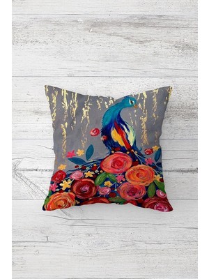 Renas Store Pelangi Çiçekler ve Kuş Desenli Çift Tarafı Baskı Gizli Fermuarlı Yastık Kılıfı Kırlent Koltuk Yastık Kılıfı, Gri-Mavi-Nar Çiçeği 45 x 45, 24691144245451