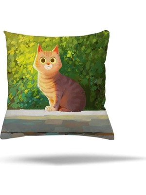 Renas Store Pelangi Şaşkın Kedi Temalı Çift Tarafı Baskılı Gizli Fermuarlı Yastık Kılıfı Kırlent Koltuk Yastık Kılıfı, Yeşil-Sarı 43 x 43