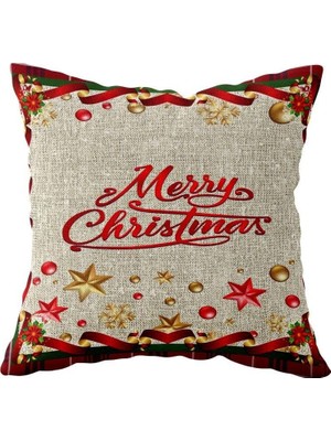 Renas Store Pelangi Merry Christmas Süsü Hediye Tema Çift Taraflı Gizli Fermuar Kırlent Koltuk Yastık Kılıfıı, Gold-Kırmızı-Bej 43 x 43