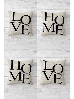Renas Store Pelangi Love Home Yazı Yastık Kılıf Kombin Gizli Fermuarlı Kırlent Kılıfı Koltuk Yastık Kılıfı TAKIM(4ADET), Bej-Siyah 45 x 45