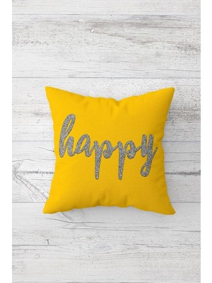 Renas Store Pelangi Happy Çift Tarafı Baskılı Gizli Fermuarlı Yastık Kılıfı Kırlent Koltuk Yastık Kılıfı, Sarı-Gri 45 x 45