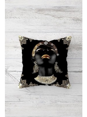 Renas Store Pelangi Gold Afrikalı Kadın Çift Tarafı Baskılı Gizli Fermuarlı Yastık Kılıfı Kırlent Koltuk Yastık Kılıfı, Siyah-Gold 45 x 45, 24691203545451