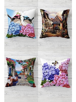 Renas Store Pelangi Kuşlar ve Ortancalar Deniz Manzara Gizli Fermuarlı Kırlent Kılıfı Koltuk Yastık Kılıfı TAKIM(4ADET), Pembe-Mavi 45 x 45