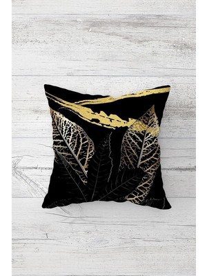 Renas Store Pelangi Siyah Gold Yapraklı Çift Tarafı Baskılı Gizli Fermuarlı Yastık Kılıfı Kırlent Koltuk Yastık Kılıfı, Gold-Siyah 45 x 45