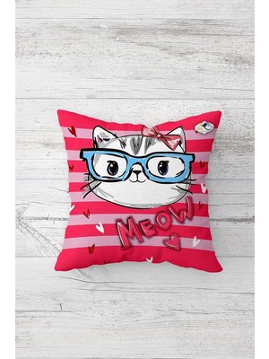 Renas Store Pelangi Gözlüklü Kedi Desenli Çift Tarafı Baskılı Gizli Fermuarlı Yastık Kılıfı Kırlent Koltuk Yastık Kılıfı, Fuşya 45 x 45, 2469114445451