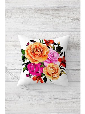 Renas Store Pelangi Sarı Pembe Çiçek Desen Çift Tarafı Baskılı Gizli Fermuarlı Yastık Kılıfı Kırlent Yastık Kılıfı, Beyaz-Turuncu-Yeşil 45 x 45