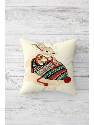 Renas Store Pelangi Şapkada Tavşanlı Çift Tarafı Baskılı Gizli Fermuarlı Çocuk Oda Kırlent Koltuk Yastık Kılıfı, Kahve-Krem 45 x 45, 2469104245451
