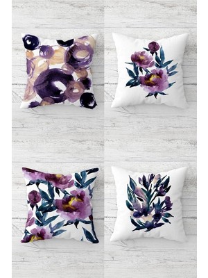 Renas Store Pelangi Batik Suluboya Desenli Çiçekli Gizli Fermuarlı Kırlent Kılıfı Koltuk Yastık Kılıfı TAKIM(4ADET), Mor-Beyaz 43 x 43