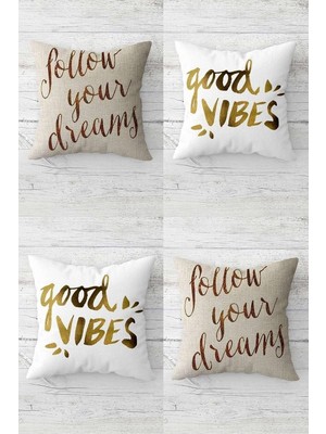 Renas Store Pelangi Follow Your Dreams Good Vibes Gizli Fermuarlı Kırlent Kılıfı Koltuk Yastık Kılıfı TAKIM(4ADET), Bej-Gold 45 x 45
