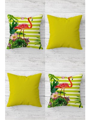 Renas Store Pelangi Filamingo ve Tropikal Yaprak Desen Gizli Fermuarlı Kırlent Kılıfı Koltuk Yastık Kılıfı TAKIM(4ADET), Yağ Yeşili-Pembe 45 x 45