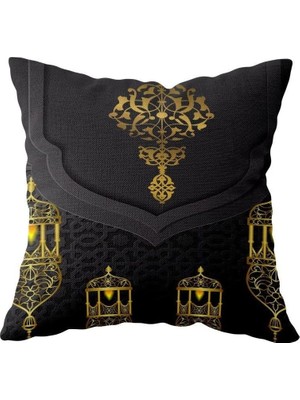 Renas Store Pelangi Siyah Eid Mubarak Ramazan Temalı Çift Taraflı Gizli Fermuar Kırlent Koltuk Yastık Kılıfıı, Gold-Siyah 43 x 43