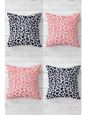 Renas Store Pelangi Pembe Mavi Leopar Desenli Gizli Fermuarlı Kırlent Kılıfı Koltuk Yastık Kılıfı TAKIM(4ADET), Mavi-Pembe 45 x 45