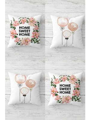 Renas Store Pelangi Çiçekli Home Sweet Home Balon Gizli Fermuarlı Kırlent Kılıfı Koltuk Yastık Kılıfı TAKIM(4ADET), Pembe-Yeşil-Beyaz 45 x 45