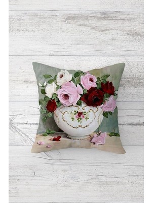 Renas Store Pelangi Vintage Çiçek Desenli Çift Tarafı Baskılı Gizli Fermuarlı Yastık Kılıfı Kırlent Koltuk Yastık Kılıfı, Beyaz-Pembe-Kırmızı 45 x 45, 24691169345451