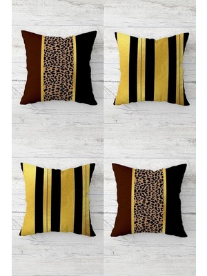Renas Store Pelangi Leopar Desenli Gold Şeritli Gizli Fermuarlı Kırlent Kılıfı Koltuk Yastık Kılıfı TAKIM(4ADET), Siyah-Gold 45 x 45