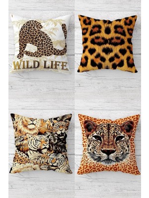 Renas Store Pelangi Leopar Desenli Kombin Gizli Fermuarlı Kırlent Kılıfı Koltuk Yastık Kılıfı TAKIM(4ADET), Kahverengi-Hardal 45 x 45