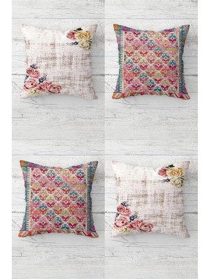 Renas Store Pelangi Vintage Güller ve Etnik Kilim Desen Gizli Fermuarlı Kırlent Kılıfı Koltuk Yastık Kılıfı TAKIM(4ADET), Pembe-Bej-Sarı 45 x 45
