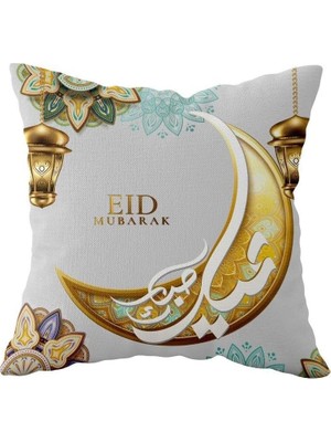 Renas Store Pelangi Eid Mubarek Ramazan Desenli Gri Çift Taraflı Gizli Fermuar Yastık Kılıf Kırlent Koltuk Yastık Kılıf, Beyaz-Gold-Mint 43 x 43