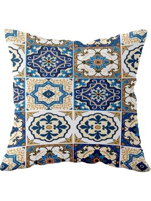 Renas Store Pelangi Mavi Çini Çift Taraflı Gizli Fermuarlı Yastık Kılıfı Kırlent Koltuk Yastık Kılıfı, Mavi-Bej 43 x 43